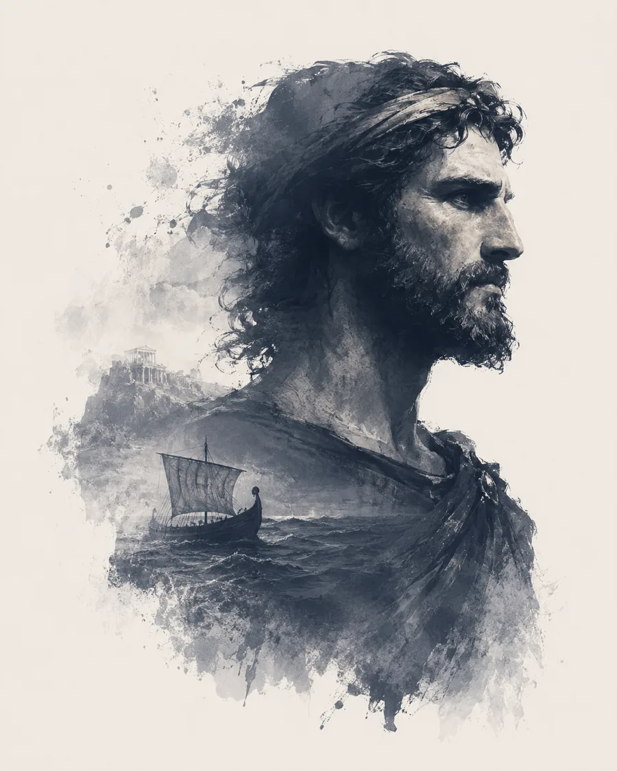 Ink-wash portrait of Odysseus